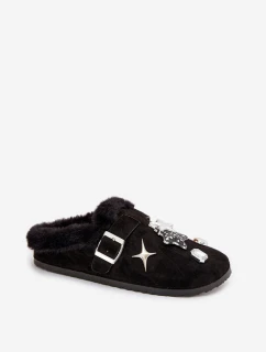 Dámské pantofle s ozdobami a sponou vyhřívané kožešinou černé Thalora