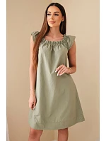 Dámské bavlněné šaty s nařaseným výstřihem a volánem khaki