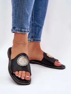 Ekokožené Pantofle Na Plošem Podpatku S Dekorací Černé Tatereia
