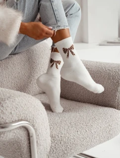 Dámské froté ponožky s puntíkovanou mašlí – ecru