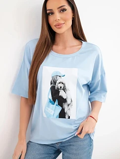 Dámská bavlněná oversize halenka s krátkým rukávem a módním potiskem modrá