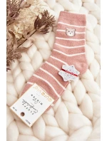 Dámské teplé ponožky v proužcích s medvídkem růžové