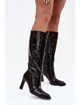 Zdobené Lakované Kozačky Dámské Na Podpatku D&A MR880-055 Černé