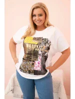 Dámská bavlněná halenka Plus Size s barevným potiskem bílá + žlutá