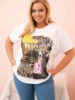 Dámská bavlněná halenka Plus Size s barevným potiskem bílá + žlutá