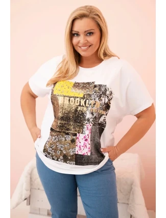 Dámská bavlněná halenka Plus Size s barevným potiskem bílá + žlutá