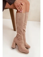 Dámské kozačky s prošitím na sloupkovém podpatku béžové Brivana