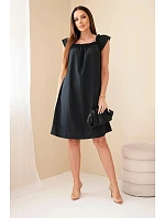 Dámské bavlněné šaty s nařaseným výstřihem a volánkem černá Dámské bavlněné šaty s nařaseným výstřihem a volánkem černá