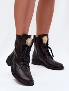 Kožené dámské kotníkové boty na ploché podrážce se zlatým detailem Zazoo 3084 Černé