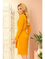 Dámské šaty v hořčicové barvě se širokým páskem pro zavazování 209-8 Dámské šaty v hořčicové barvě se širokým páskem pro zavazování 209-8