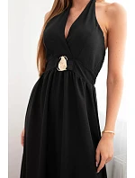 Dámské viskózové maxi šaty vázané na krku s ozdobnou sponou černá