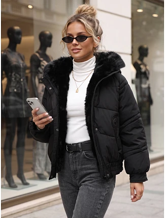 Dámská zimní prošívaná bunda s kožešinou, černá, FashionStreet TY6007