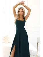 633-2 AURELIA dlouhé šaty s rozparkem na nohou a výstřihem typu caro - lahvově zelené