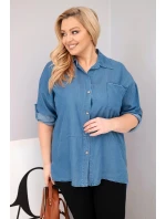 Dámská košile Plus Size z lyocellu s prodlouženým zadním dílem a rukávem na knoflík džínová