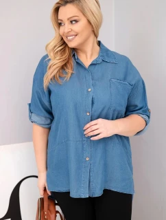 Dámská košile Plus Size z lyocellu s prodlouženým zadním dílem a rukávem na knoflík džínová