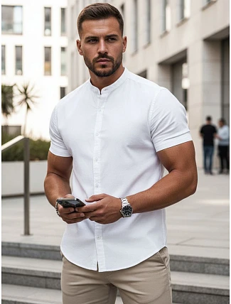 Pánská košile s krátkým rukávem a stojáčkem, bílá, FashionStreet KX1064