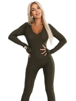 619-2 Pohodlný a elegantní dámský žebrovaný overal s výstřihem - khaki barva 619-2 Pohodlný a elegantní dámský žebrovaný overal s výstřihem - khaki barva