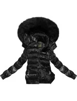 Černá krátká zimní bunda s květovaným vzorem (CAN-597)