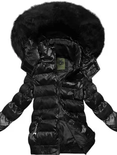 Černá krátká zimní bunda s květovaným vzorem (CAN-597)