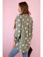 Lněná dámská halenka s květinovým vzorem, dlouhými rukávy a knoflíky khaki