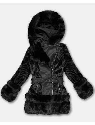 Černá kožešinová dámská bunda s prvky z eko kůže J Style (11Z8072)