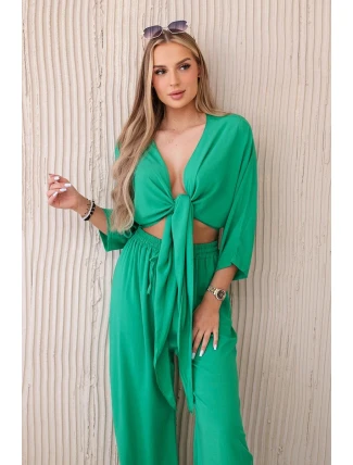 Viskózový komplet, dole zavazovaná halenka + kalhoty zelený Viskózový komplet, dole zavazovaná halenka + kalhoty zelený