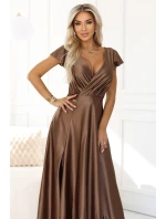 411-14 CRYSTAL saténové dlouhé šaty s výstřihem - moka pěna 411-14 CRYSTAL saténové dlouhé šaty s výstřihem - moka pěna