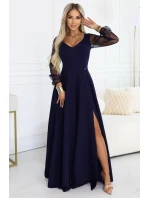 640-3 LORETTA jedinečné dlouhé šaty s tylovými rukávy a výstřihem - tmavě modré 640-3 LORETTA jedinečné dlouhé šaty s tylovými rukávy a výstřihem - tmavě modré