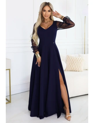 640-3 LORETTA jedinečné dlouhé šaty s tylovými rukávy a výstřihem - tmavě modré 640-3 LORETTA jedinečné dlouhé šaty s tylovými rukávy a výstřihem - tmavě modré