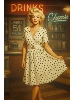 604-2 Smyslné černé hráškové šaty s obálkovým výstřihem a ozdobným páskem - bílé 604-2 Smyslné černé hráškové šaty s obálkovým výstřihem a ozdobným páskem - bílé