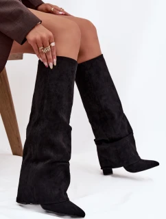 Dámské zateplené kozačky s vyhrnutou špičkou na sloupkovém podpatku Elivira – černé