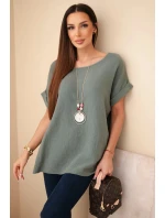 Hedvábná blůza s náhrdelníkem tmavě khaki