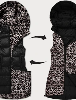 Černá hrubší oboustranná vesta s panteřím vzorem a s odepínací kapucí (T5-2602#-1)