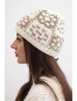 Zimní dámská čepice s barevným přízí a silným lemem K355 ecru+khaki+tmavě růžový