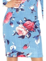 427-1 Šaty s rozšířenými vázanými rukávy - červené velké růže na tmavé džínovině