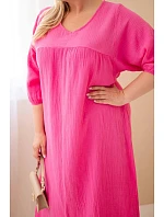 Dámské plus size šaty z bavlněného mušelínu s výstřihem do V růžová