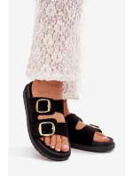Dámské pantofle na platformě se zlatými přezkami – černé