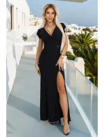 598-1 IRINA oslnivé dlouhé šaty s brokátem, obálkovým výstřihem a rozparkem na nohou - černé