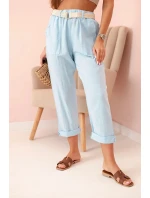 Dámské lněné kalhoty s bavlnou a páskem modré