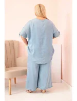 Dámská souprava Plus Size z tencelu, halenka s vázáním a široké kalhoty světlý džínový