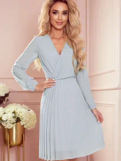 ISABELLE - Šedé dámské plisované šaty s dekoltem a dlouhými rukávy 313-11