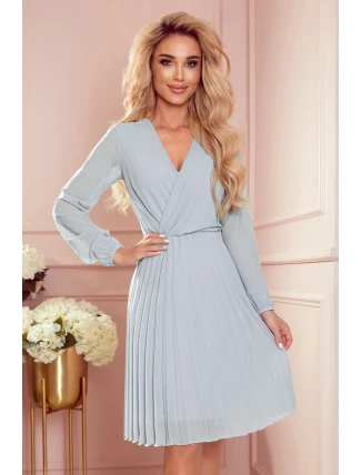 ISABELLE - Šedé dámské plisované šaty s dekoltem a dlouhými rukávy 313-11