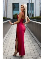 483-5 DIANE saténové dlouhé šaty s rozparkem na nohou - MALINE