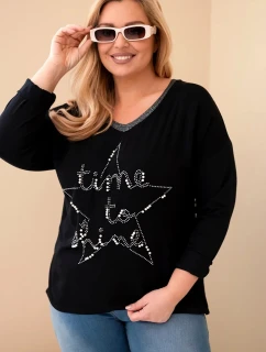 Dámská blůza Plus Size s nápisem a perlami černá