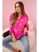 Lněná dámská halenka s květinovým vzorem, dlouhými rukávy a knoflíky Růžová