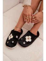 Dámské papuče s kožíškem a květinkami – černé Selinne