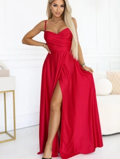 646-3 Dlouhé společenské šaty bez ramínek s rozparkem na nohou - červené
