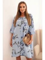 Dámská bavlněná šaty s květinovým vzorem a 3/4 rukávem modrá Dámská bavlněná šaty s květinovým vzorem a 3/4 rukávem modrá