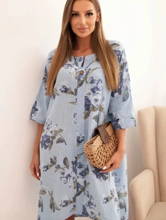 Dámská bavlněná šaty s květinovým vzorem a 3/4 rukávem modrá