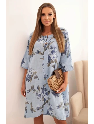 Dámská bavlněná šaty s květinovým vzorem a 3/4 rukávem modrá Dámská bavlněná šaty s květinovým vzorem a 3/4 rukávem modrá